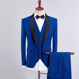 Royal Blue Men Suits 2020 Wedding Navy Blue Slim Fit Groom Tuxedo Burgundy Male Blazer Black Shawl Lapel Prom Wear 3 Piece Jacket 314D