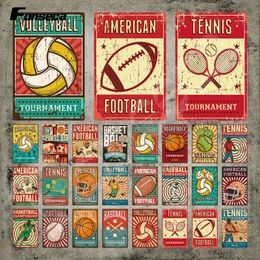 Ball Games Vintage Tin Signs Volleyball American Football and Tennis Metal Plate Classic Sports Metal Poster for Sports Field Decoration Home Room Decor 30X20CM W01