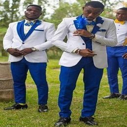 Slim Fit White Groom Tuxedos With Royal Blue Lapel Groomsman 3 Piece Men Prom Business Suit Jacket BlazerJacket Pants Tie Vest 2260z