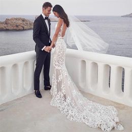 Backless Mermaid Beach Wedding Dresses 2021 V-neck 3D Lace Applique Sweep Trumpet Steven Khalil Garden Bridal Dress2518