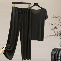 Women's Two Piece Pants 2 Pcs/Set Women T-shirt Set Wide Leg V Neck Short Sleeves Loose Homewear Pullover Thin Summer Top Trousers