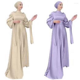 Ethnic Clothing Fashion Solid Colour Puff Sleeve Satin Abaya Elegant Dubai Turkey Ladies Party Banquet Maxi Dress Robe Evening Gowns Kaftan