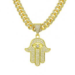 Hip Hop Men Rapper diamond pendant necklace shiny creative eye in hand pendant micro-inset zircon jewelry night club accessory Sweater Collarbone Cuban chain 1652