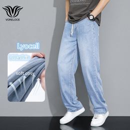 Men s Jeans Summer High Quality Lyocell Fabric Thin Soft Fashion Elastic Waist Drawstring Baggy Straight Casual Pants Blue Black 230804