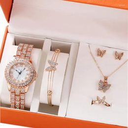 Wristwatches Watches For Women Gift Rhinestone Strap Quartz Watch Butterfly Bracelet Necklace Stud Earrings Set 6pcs/set