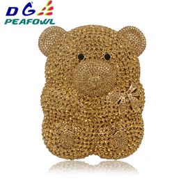 Evening Bags Metal Hard Case Clutches s Gift Box Handbag Clutch Purse Women Cartoon Cute Bear Hollow Out Gold Crystal 230804