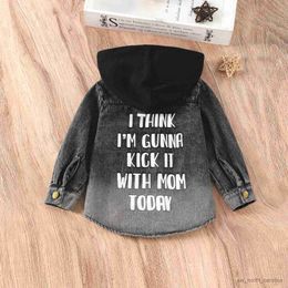 Jackets Toddler Kids Girl Casual Single Breasted Jacket Black Grey Letters Print Hooded Shirt Pockets 0-7Years R230810