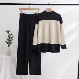 Women's Two Piece Pants Lady Home Suit Autumn Fashion Soft Casual O-Neck Pullover Tops Knitted Pant Patchwork Winter Solid Women Set Cloth