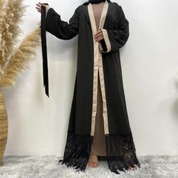Ethnic Clothing Black Lace Embroidery Open Abaya 2023 Ramadan Eid Muslim Women Kimono Maxi Dress Islamic Jalabiya Belted Robe Kaftan Dubai