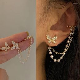 Backs Earrings Korean Elegant Cute Rhinestone Butterfly Stud For Women Girls Fashion Metal Chain Boucle D'oreille Jewelry Gifts