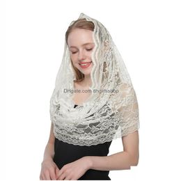 Bandanas Durag Flower Lace Triangle Veils Scarf Shawl Women Headwraps Bandana Fashion Mantilla Church Prayer Kerchief Catholic Headsca Dh8Xg