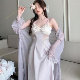 Women's Sleepwear Twinset Robe Set Women Spring Summer Mesh Lace Nightdress Kimono Bathrobe Gown Sleep Suit Bride Satin Loungewear