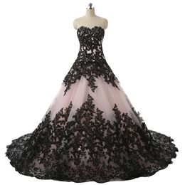 Blushing Pink Black Gothic Ball Gown Wedding Dresses Sweetheart Lace Appliques Vintage Bridal Gowns Non White Wedding Colorful263O