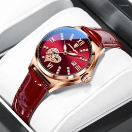 Wristwatches POEDAGAR Luxury Diamond Dial Quartz Watch Women Fashion Red Leather Strap Waterproof Dress Watches Relogio Feminino