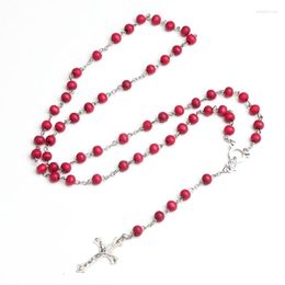 Pendant Necklaces Crossed Rose Sutra Wood Necklace Wooden Beads Red Rosary Catholic