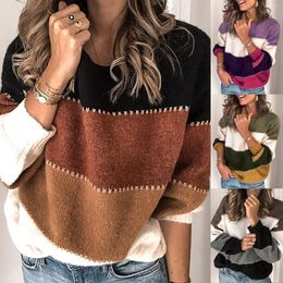 Women's Sweaters Ladies Patshwork 2023 Autumn Casual Long Sleeve Crewneck Colour Block Patchwork Pullover Knit Sweater Tops