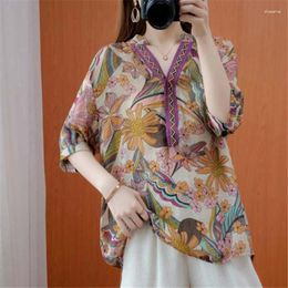 Women's Blouses Women Vintage Ethnic Style Print Oversized Streetwear Summer Fashion V-neck Half Sleve Shirts Irregular Ladies Tops Ropa