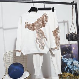 Women's Two Piece Pants White Knitted Tracksuit Women Outfits Manual Beading Sequins Phoenix Sweater Set Loose Casual Knit Suit Female