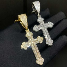New Hip Hop Gold Plated Icy Bling Cz Cross Pendant Necklace Jewellery Women Men Iced Out Diamond Baguette Cross Pendant