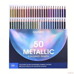 Other Office School Supplies Brutfuner Metallic Coloured Pencils 50Pcs Drawing Pencil Soft Wood Golden For Artist Sketch Colouring Art 230804