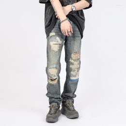 Men's Jeans Hole Ripped Retro Straight Spliced Mens Streetwear Washed Pcoekts Distressed Denim Trousers Loose Hip Hop Jean Pants