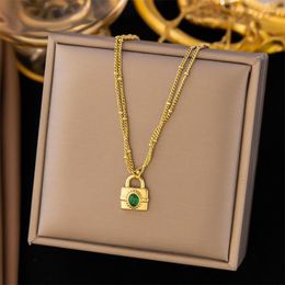 Chains 316L Stainless Steel Retro Simplicity Imitation Green Gemstone Lock Head Pendant Charm Chain Ladies Necklace Fashion Jewelry