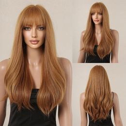 Brown Blonde Long Wavy Synthetic Wigs for Women Natural Wave Hair Wigs with Bangs Heat Resistant Daily Cosplay