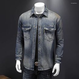 Men's Jackets Embroidery Distressed Denim Jacket Solid Lapel Single Breasted Spring Autumn Casual Clothing