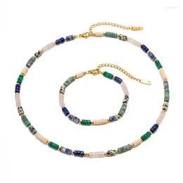 Choker ALLME Fashon Multicolor Lapis Natural Stone Strand Beaded Necklace Women 18K Gold Plated Stainless Steel