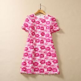 2023 Summer Pink Floral Print 3D Flowers Panelled Dress Short Sleeve Round Neck Short Casual Dresses S3G040804 Plus Size XXL