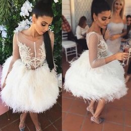 Feather Cocktail Dresses With Sleeves Sexy Short Ball Gown Prom Dress Sheer Lace Appliques Evening Gowns2739