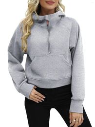 Women's Hoodies Crop Half Zip Pullover Workout Long Sleeve Fleece Lined Hooded Sweatshirt Sweater Tops With Thumb Hole