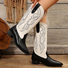 Boots Fashion Embossing Women's Boots Sexy Pointed Toe Knee-High Boots Autumn Black White Colour Block Pu Casual Women Shoes 230804