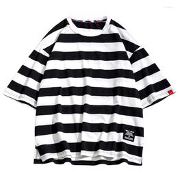 Men's Casual Shirts Striped Oversized T-Shirt Japanese Style Shirt Retro Short Sleeved Tee Summer Y2k Tops Camisas De Hombre