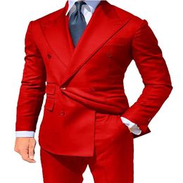 Brand New Red Groom Tuxedos Double-Breasted Men Wedding Tuxedo Fashion Men Jacket Blazer Men Prom Dinner Darty Suit Jacket Pants 218t