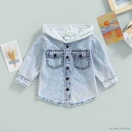 Jackets Toddler Kids Baby Boys Spring Autumn Denim Coat Long Sleeve Button Down Patchwork Hooded Jackets 1-5T R230805