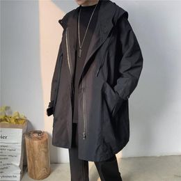 Men's Trench Coats Spring and Autumn Coat Work Loose Jacket Mid Length Hooded Gown 230804