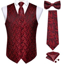 Men's Vests Causal Men Black Red V-neck Vest for Business Sleeveless Paisley Wedding Man's Waistcoat Silk Tie Bowtie Pocket Square Cufflink 230804