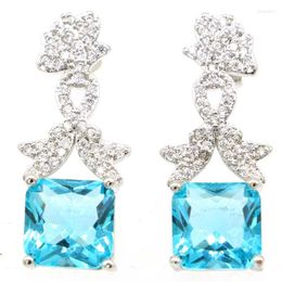 Dangle Earrings 27x11mm Gorgeous 4g Sky Blue Topaz Pink Raspberry Rhodolite Garnet White CZ Gift Women Wedding Silver