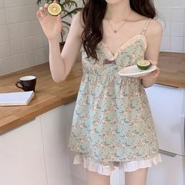 Women's Sleepwear Pyjama Sets Women V-neck Cute Soft Sleeveless Summer Casual Sweet Lady Korean Simple Classic Print Ins Ruffles Design