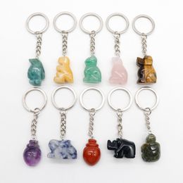 Natural Stone 1 Inch Carving Animal Key Rings Dog Cat Dinosaur Tortoise Healing Crystal Car Decor Keychain Keyholder