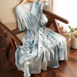 Party Dresses Silk Print Women 2023 Satin Short Sleeves Loose Summer Vintage Empire Dress Ladies V-neck Clothing YCMYUNYAN