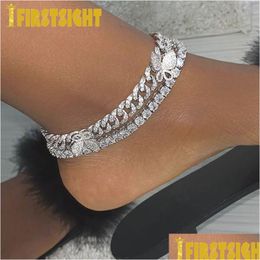 Anklets Parking Lot Cz Rectangar Butterfly Ankle 10Mm Ice Sparkling Miami Cuban Link Gold Sier Womens Hip Hop Jewelry Drop Delivery Dhivt