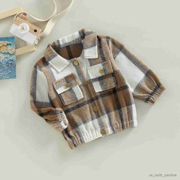 Jackets Toddler Kids Girls Boys Coat Plaid Turn-Down Collar Long Sleeve Button-Down Outerwear Autumn Winter Pockets Casual Jackets 1-5T R230805