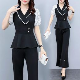 Women's Two Piece Pants Summer Fashion OL Set Women Polka Dot Printed Short-Sleeved Shirt High-Waisted Flared Suit