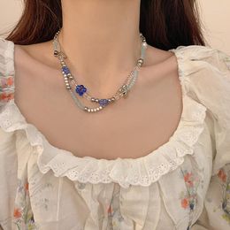 Choker Two Layers Blue Flower Beaded Necklace For Women Butterfly Bead Handmade Necklaces Imitation Pearls Sweet Jewellery