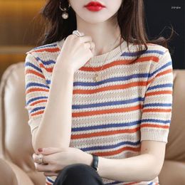 Women's Blouses Fashion O-Neck Knitted Casual Striped Blouse Clothing 2023 Autumn All-match Pullovers Tops Loose Commute Shirt