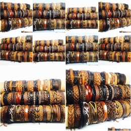 Charm Bracelets Wholesale Bk Lots 50Pcs/Pack Mix Black Brown Mens Womens Retro Handmade Real Leather Surfer Cuff Drop Delivery Jewelry Dh3Vy
