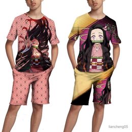 Clothing Sets Japanese Cartoon Demon Slayer Tops Shorts Set Kamado Nezuko Kimetsu No Yaiba Streetwear Girls Kawaii Tees/Shorts/Suits Chandal R230805