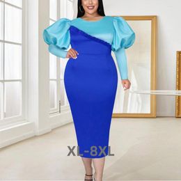 Plus Size Dresses Elegant For Women Wedding Party Blue Patchwork Full Sleeve Round Neck Bodycon Luxury Dress 2xl 3xl 4xl